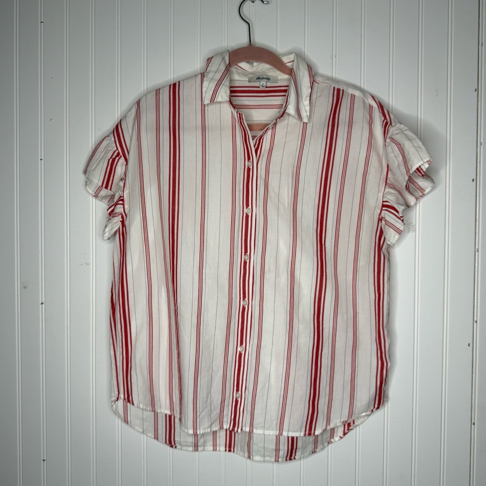 Madewell Central Ruffle-Sleeve Shirt in Carey Stripe Lipstick Red Size Small